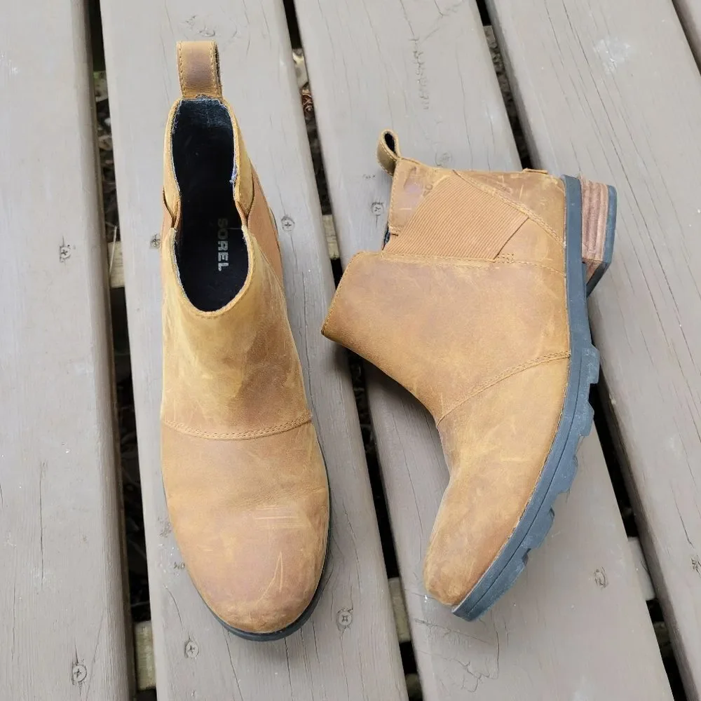 Sorel Emelie Camel Tan Brown Oiled Leather Waterproof Chelsea Ankle Boots Bootie_2